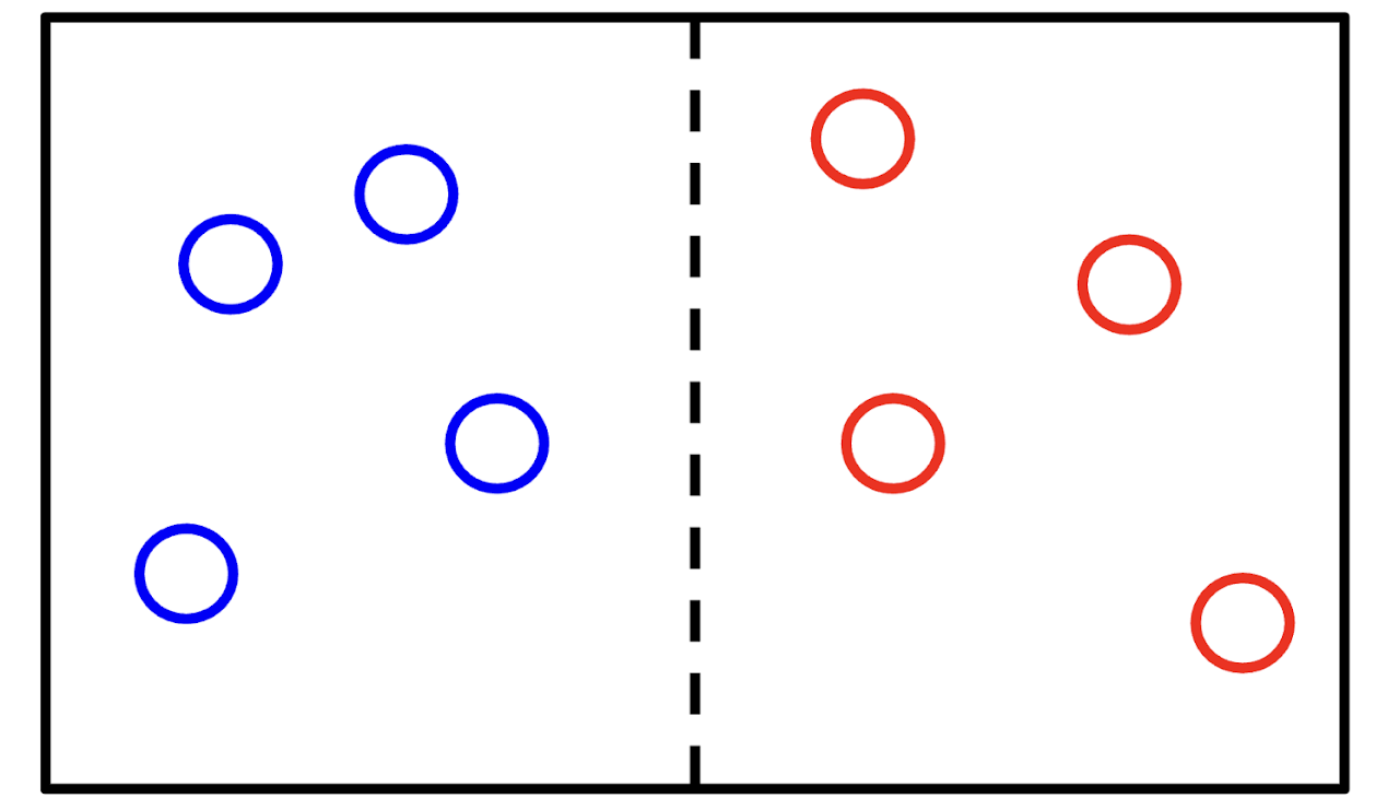 Capture the Flag-O setup diagram showing a field split by a dashed center line, with blue flag locations on one side and red on the other