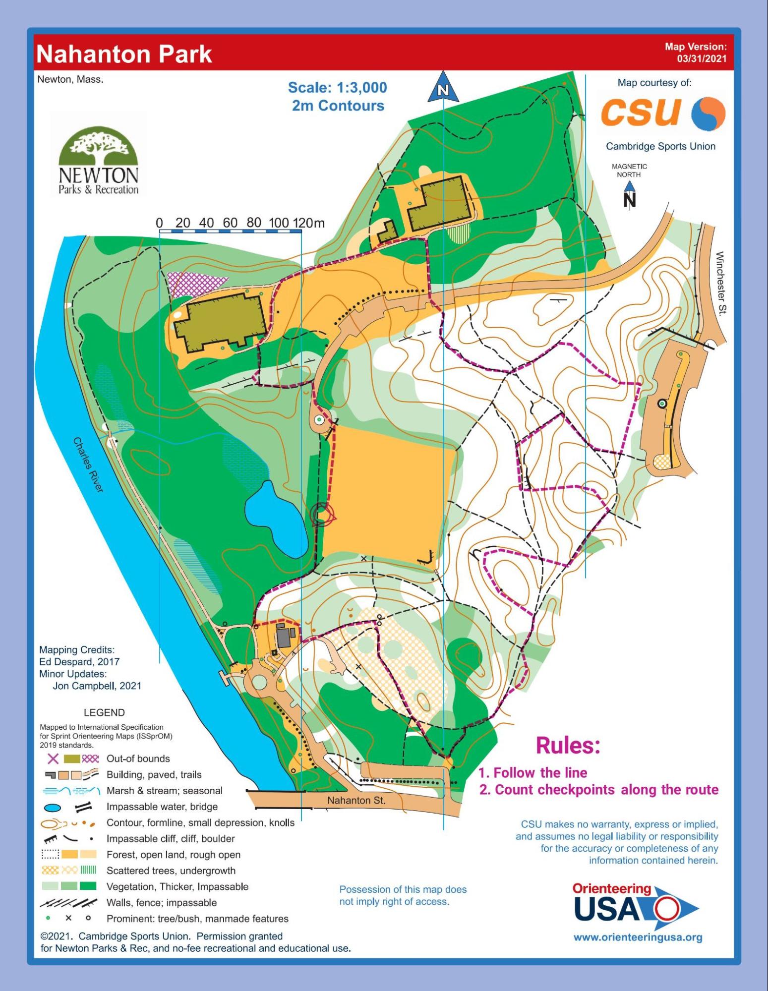 Orienteering map of Nahanton Park with a course line drawn for runners to follow