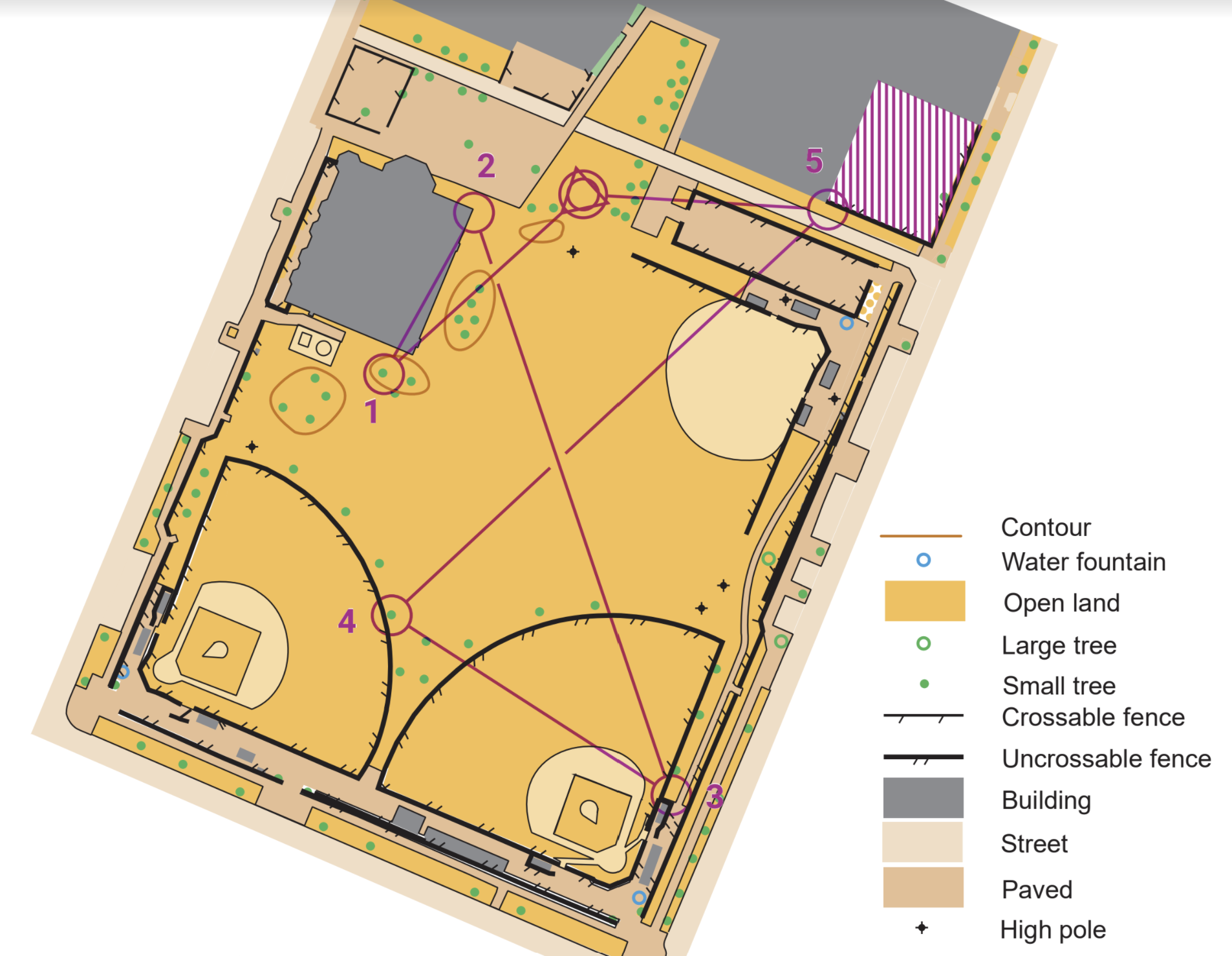 Schoolyard orienteering map with a numbered point-to-point course (checkpoints 1 to 5) and a legend