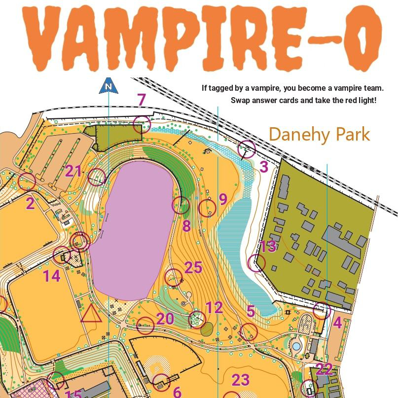 Sample Vampire-O map of Danehy Park with numbered checkpoint circles