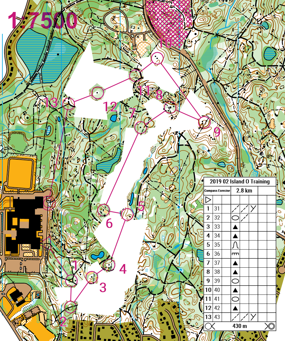 Orienteering map with sections whited out, leaving visible map islands, and a numbered course alongside a compass exercise card